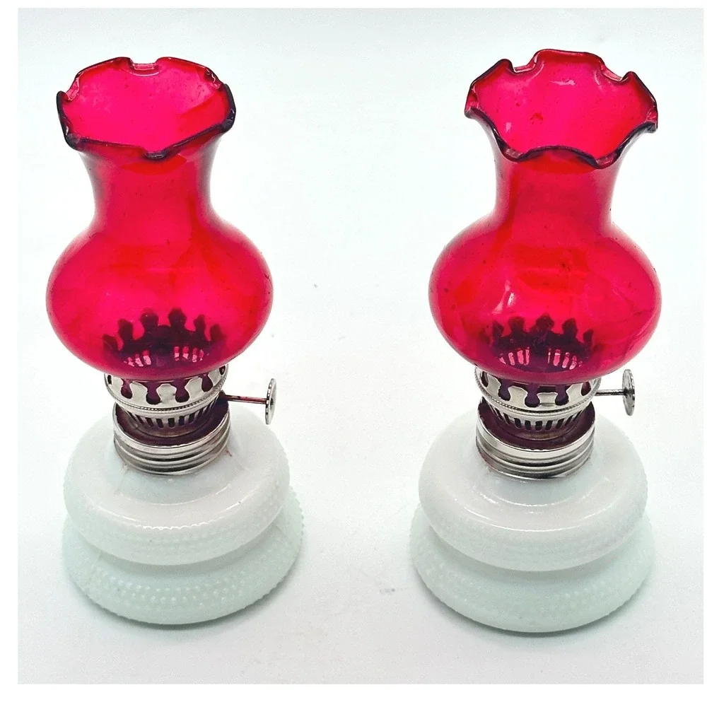 Vintage Miniature Oil Lamps Pair Ruby Red Fenton Style Milk Glass Hobnail 6.5